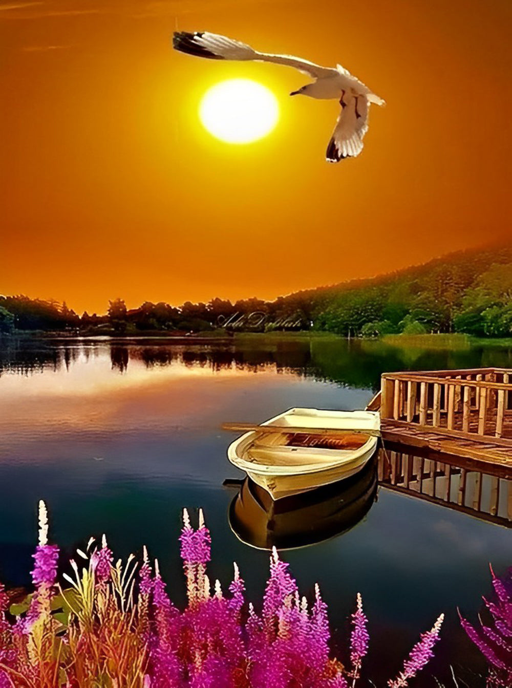 De Actieve Vogel en de Rustige Roeiboot in het Gouden Licht Diamond Painting