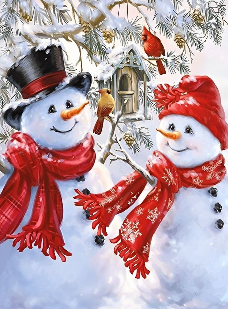 De Blijde Sneeuwpoppen en Hun Wintertafereel Diamond Painting