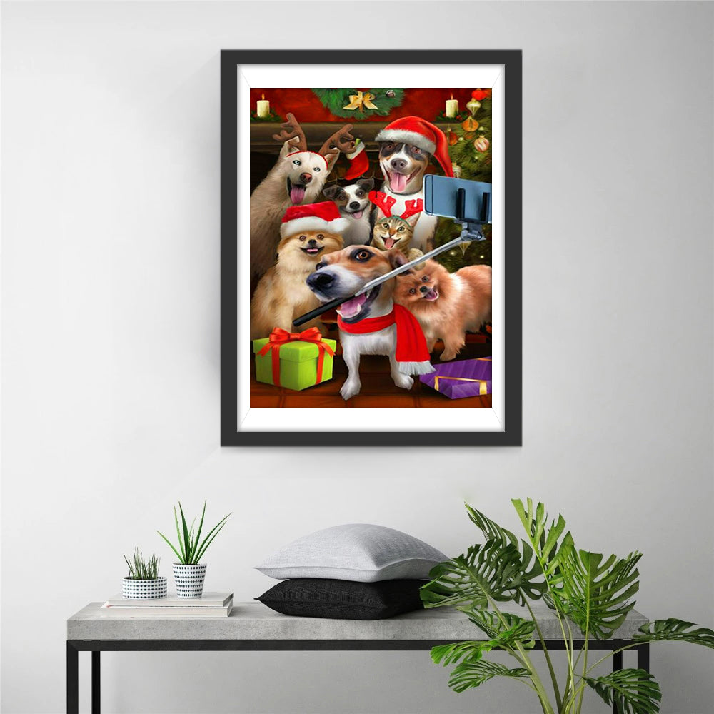 De Honden en Katten in Kerstoutfits bij de Selfiestick Diamond Painting