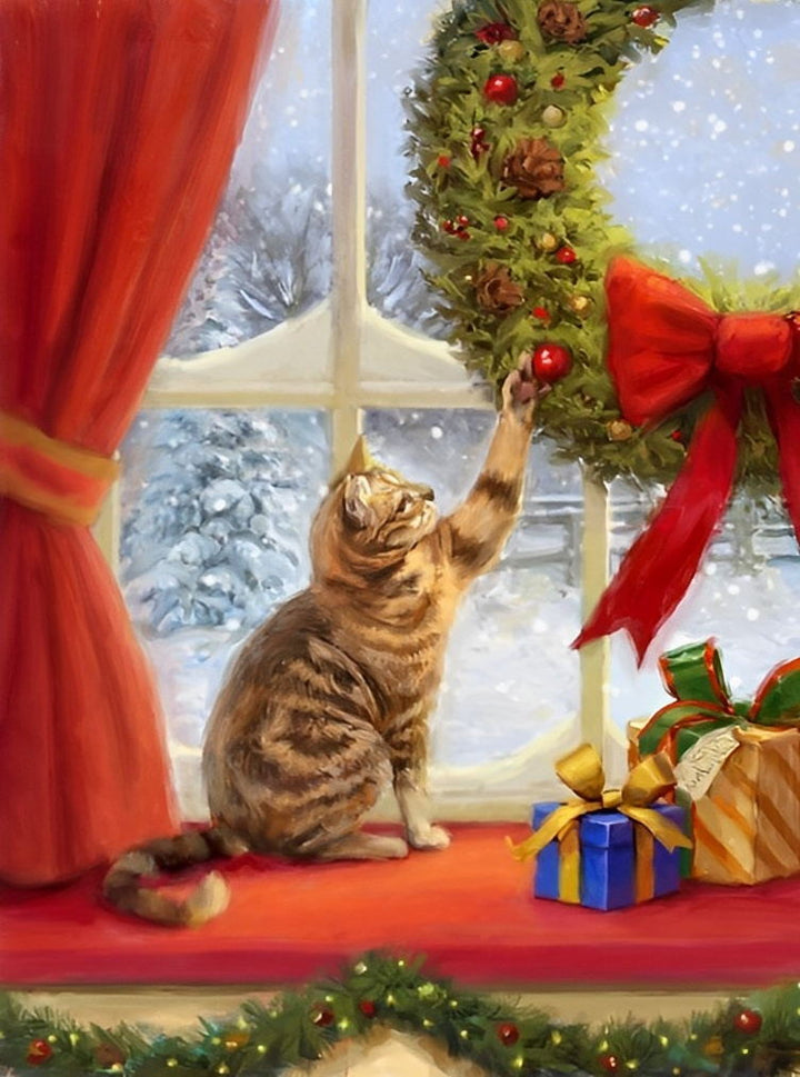 De Kat en het Kerstkransje bij het Raam Diamond Painting