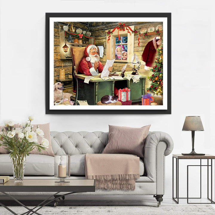 De Kerstman aan het Werk met Kinderen Buiten het Raam Diamond Painting