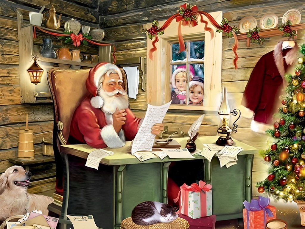 De Kerstman aan het Werk met Kinderen Buiten het Raam Diamond Painting