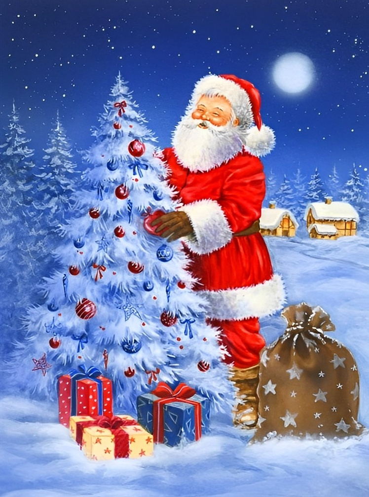 De Kerstman die een Dennenboom Vasthoudt in de Sneeuw Diamond Painting