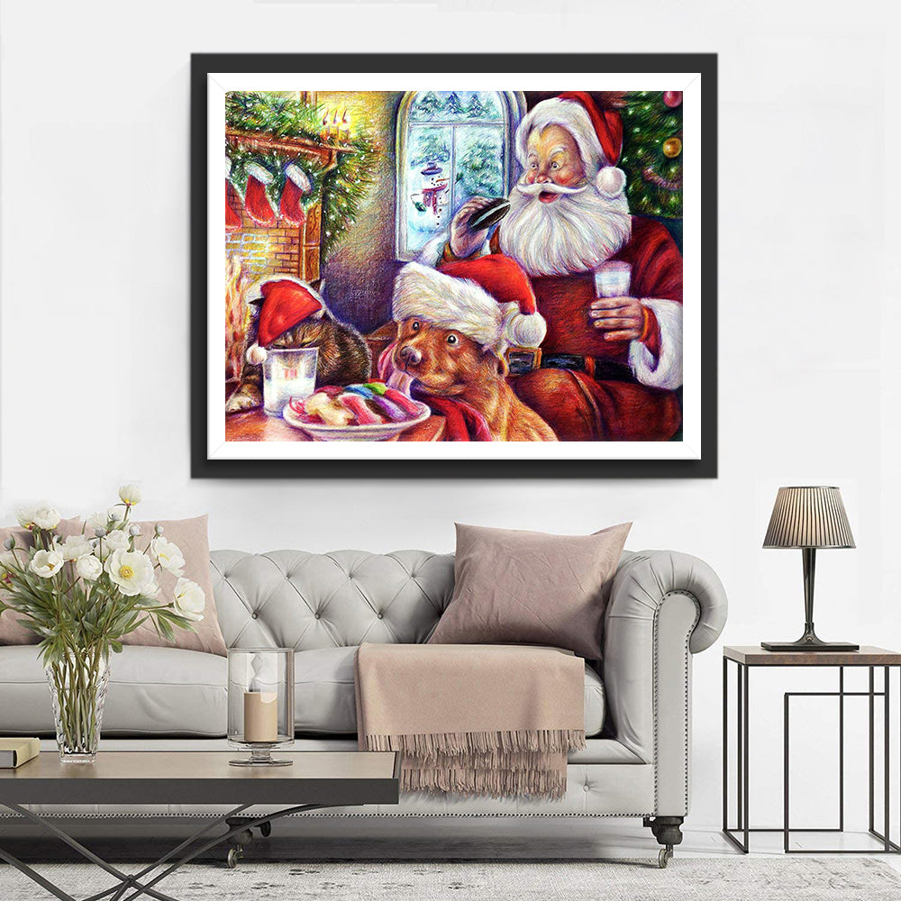 De Kerstman die Eet met Zijn Huisdieren Diamond Painting