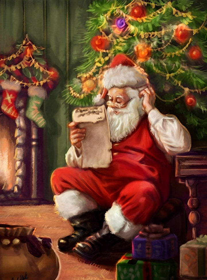 De Kerstman die voor de Kerstboom een Lijst Zit te Lezen Diamond Painting