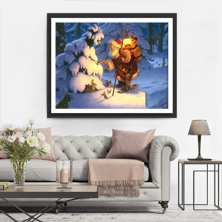 De Kerstman in de Sneeuw met Dieren Diamond Painting