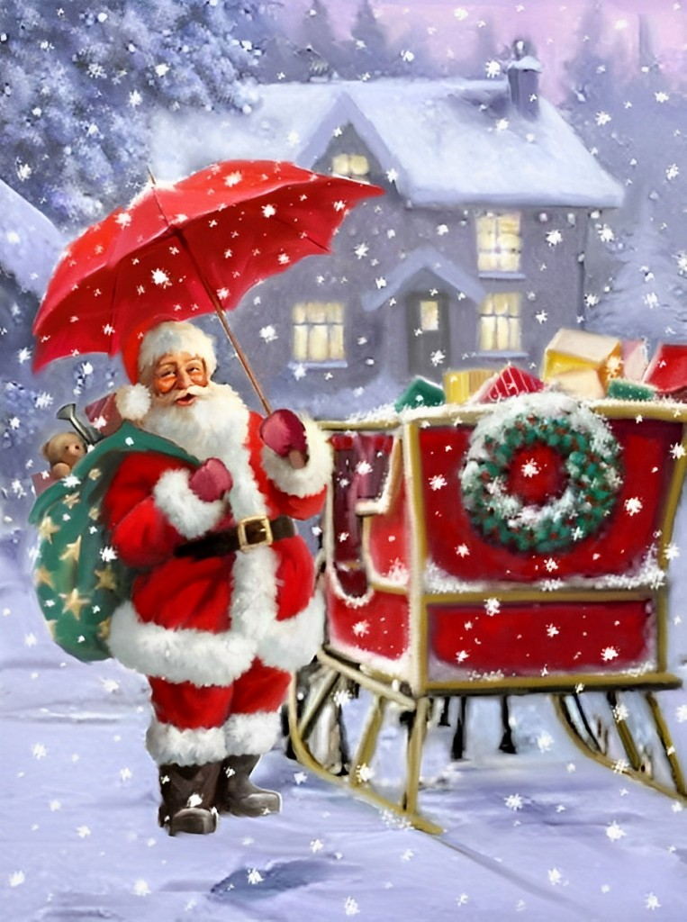 De Kerstman met een Paraplu in de Sneeuw Diamond Painting