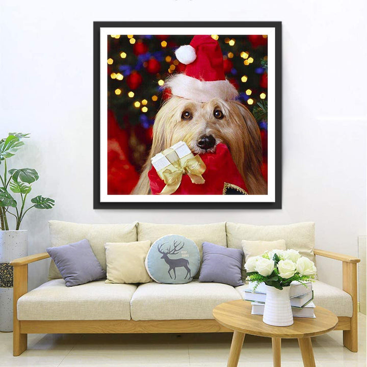 De Lieve Hond met het Kerstcadeautje in de Bek Diamond Painting