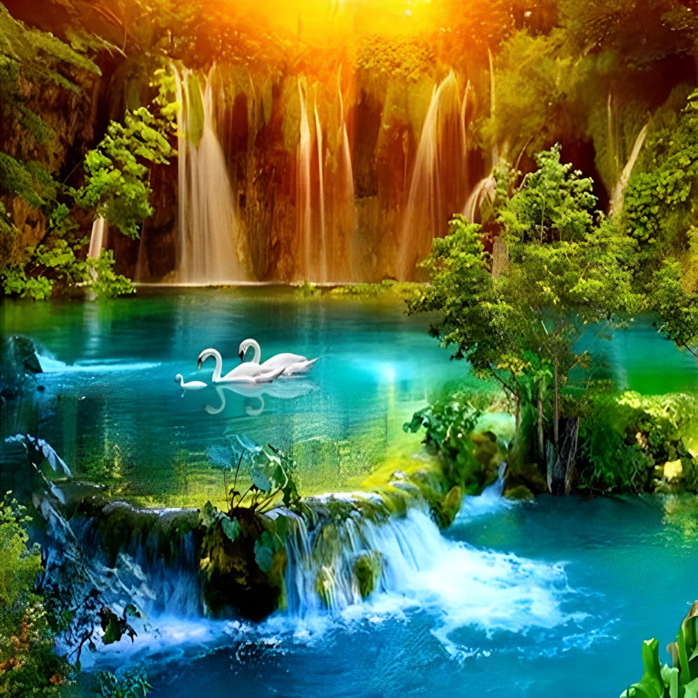 De Prachtige Waterval en het Kalme Meer met Zwanen Diamond Painting