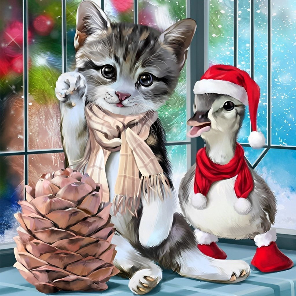 De Schattige Kat en Eend in Kerststijl Diamond Painting