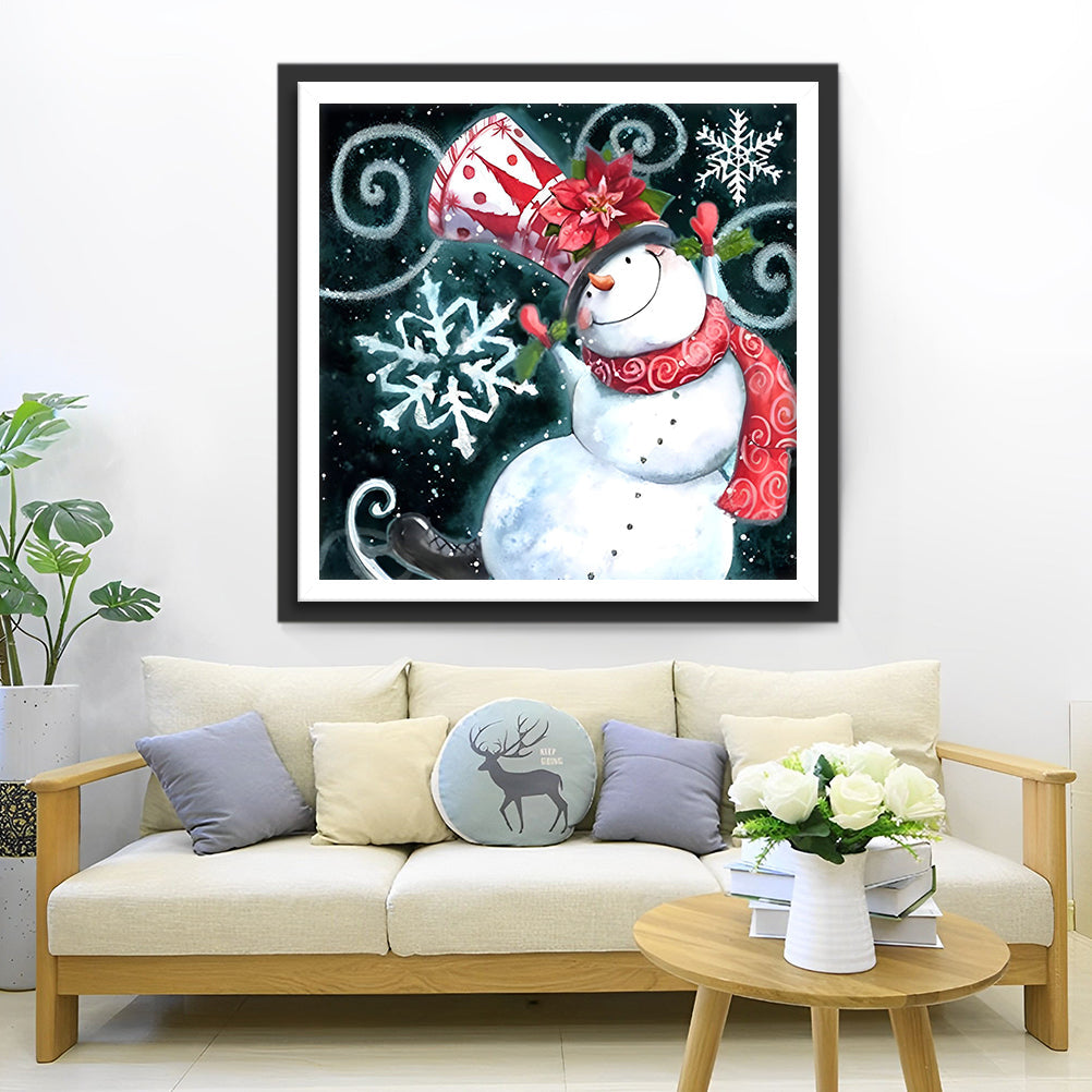 De Schattige Sneeuwman in Kerststijl met Rode Muts en Sjaal Diamond Painting