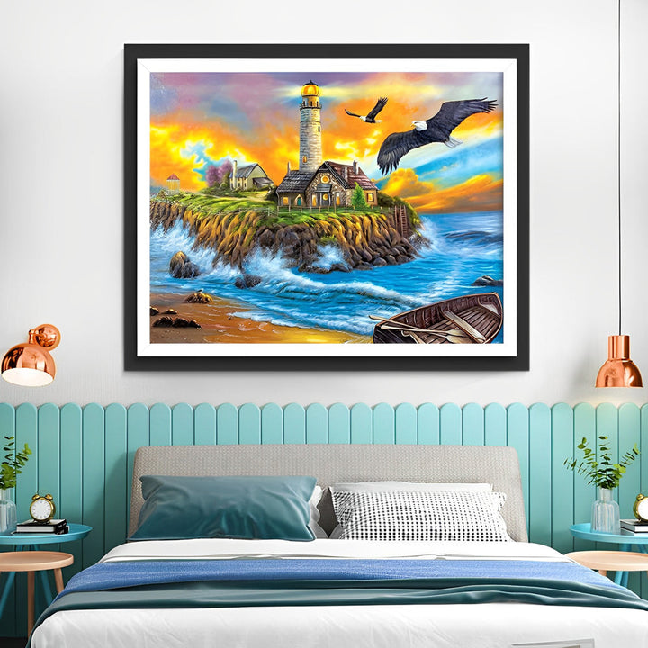 De Vuurtoren op de Klif bij Zonsondergang Diamond Painting