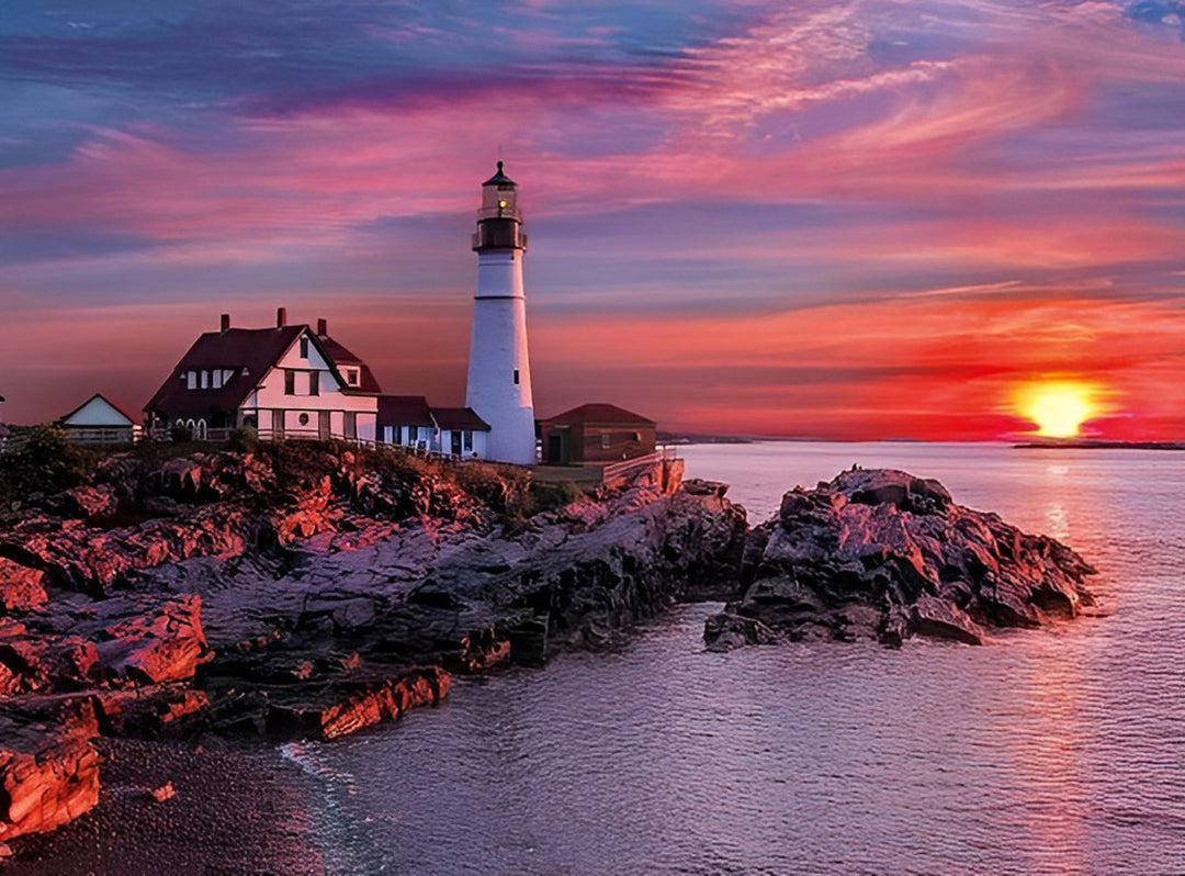 De Vuurtoren tegen de Roze Hemel Diamond Painting