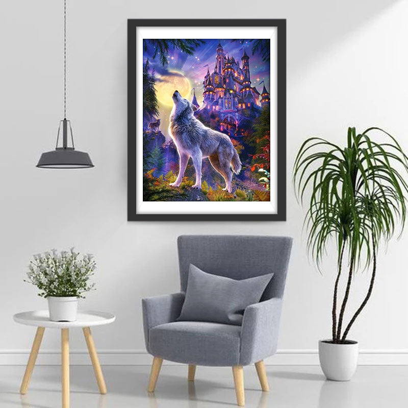 De Wolf als Wachter in het Magische Kasteellandschap Diamond Painting