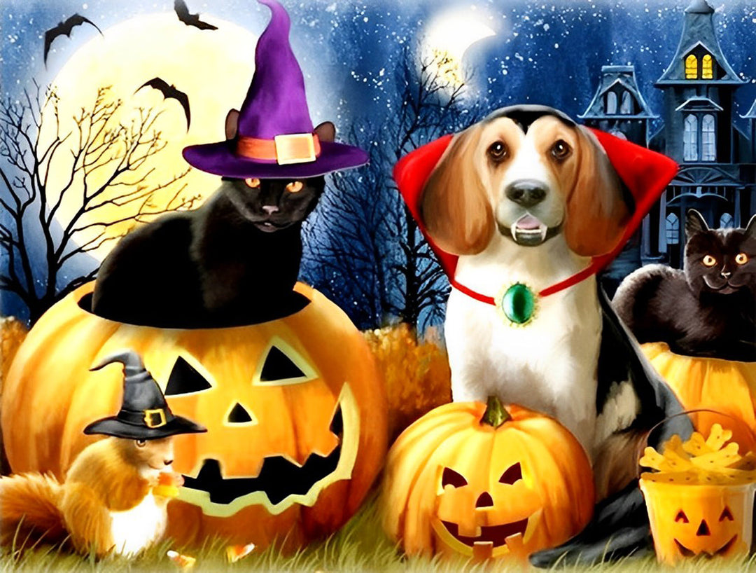 Dieren bij Halloween-pompoenen Diamond Painting