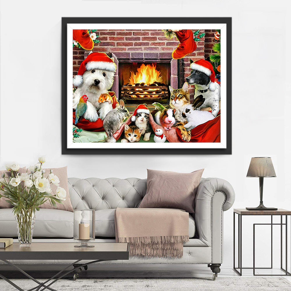 Dieren met Kerstmutsen bij Open Haard Diamond Painting