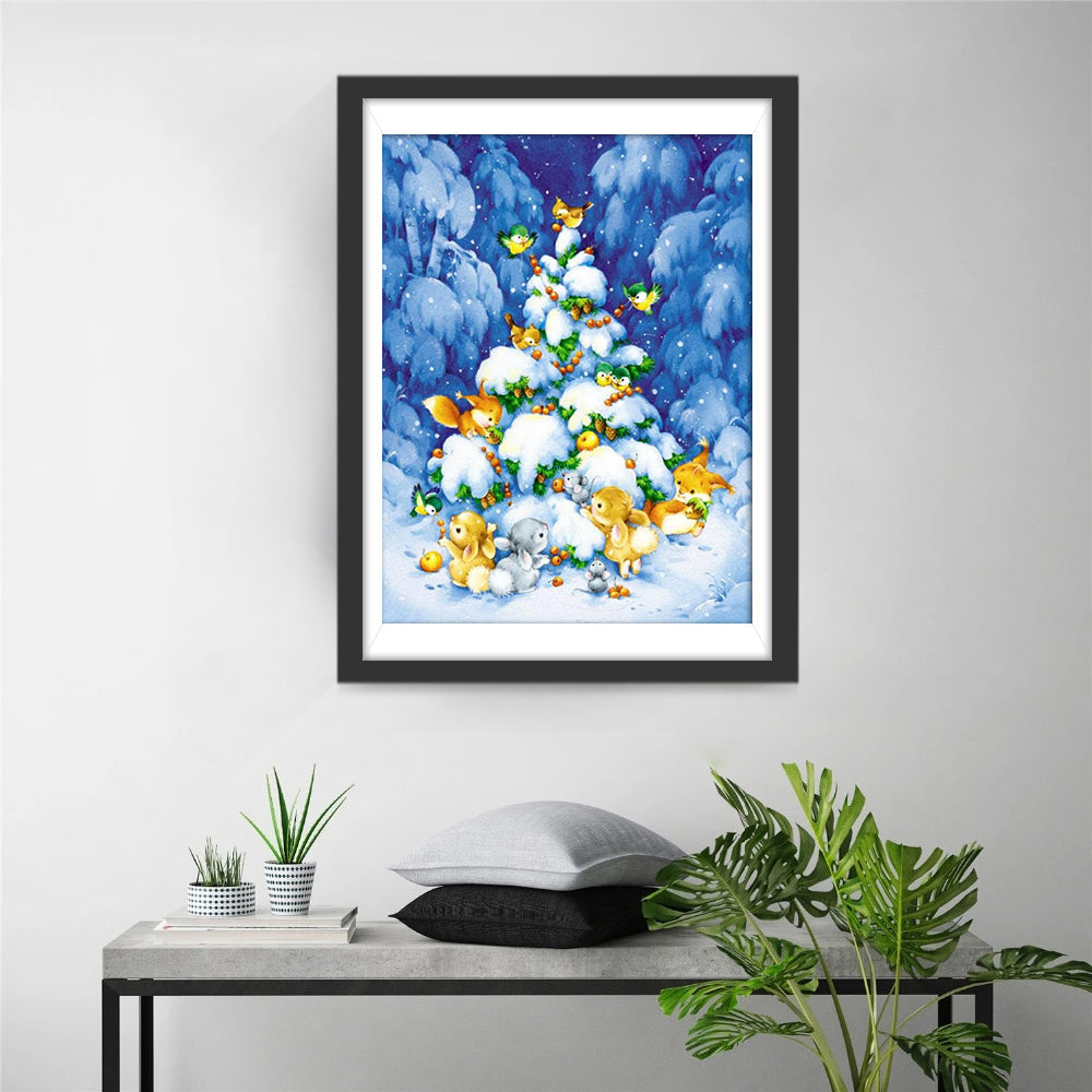 Dieren Rond Kerstboom in Sneeuwbos Diamond Painting