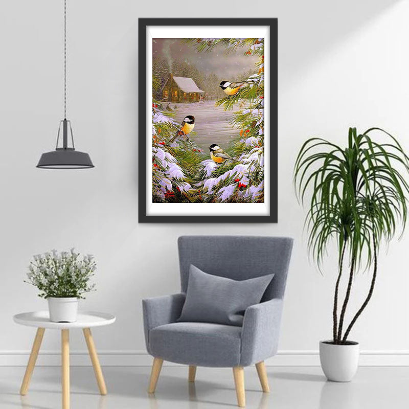 Drie Vogels in een Kerstboom op een Besneeuwde Dag Diamond Painting