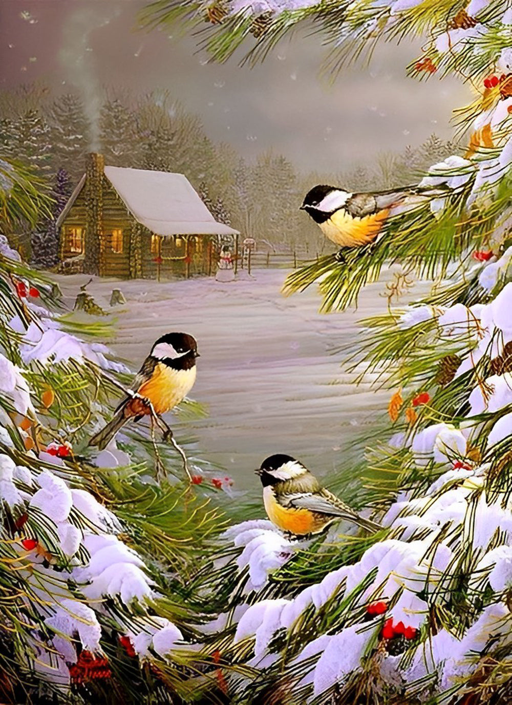 Drie Vogels in een Kerstboom op een Besneeuwde Dag Diamond Painting