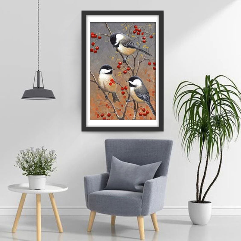 Drie Vogels in een Rode Fruitboom Diamond Painting