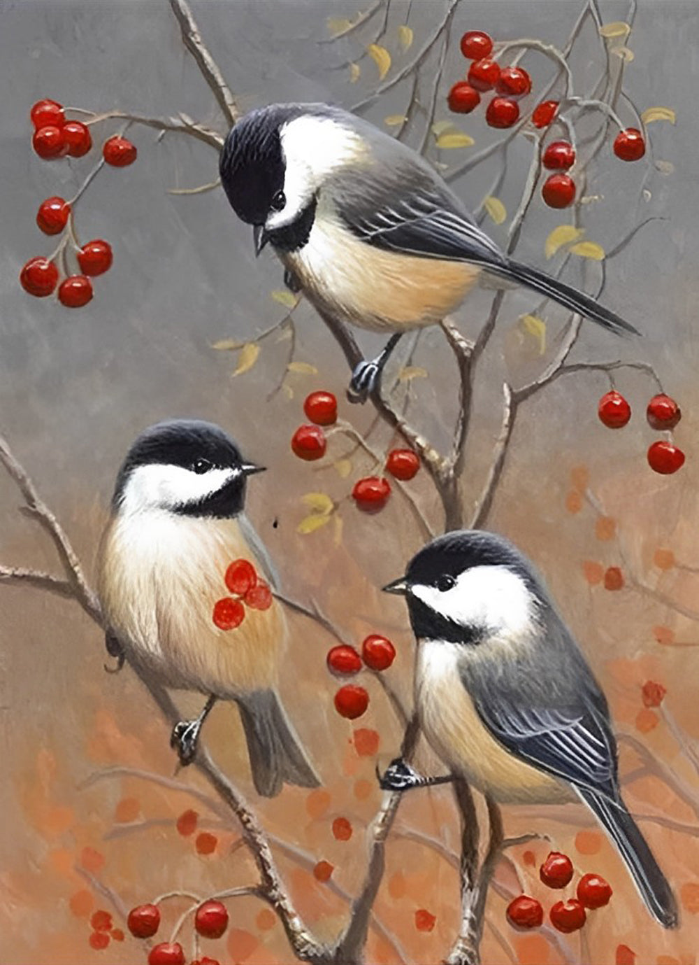 Drie Vogels in een Rode Fruitboom Diamond Painting
