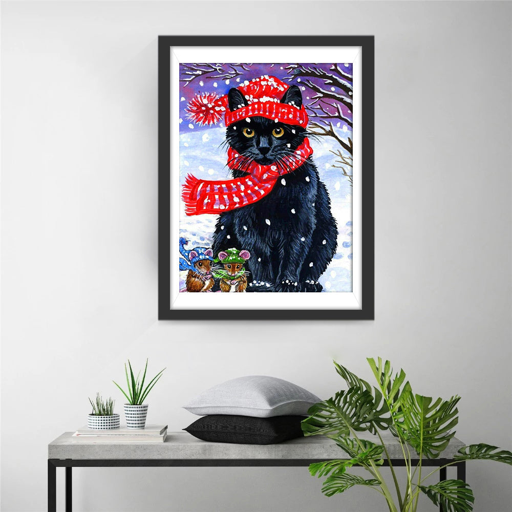 Een Kat en Twee Muizen in de Sneeuw Diamond Painting