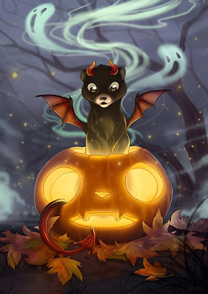 Duivels Katje in Gloeiende Pompoen Diamond Painting