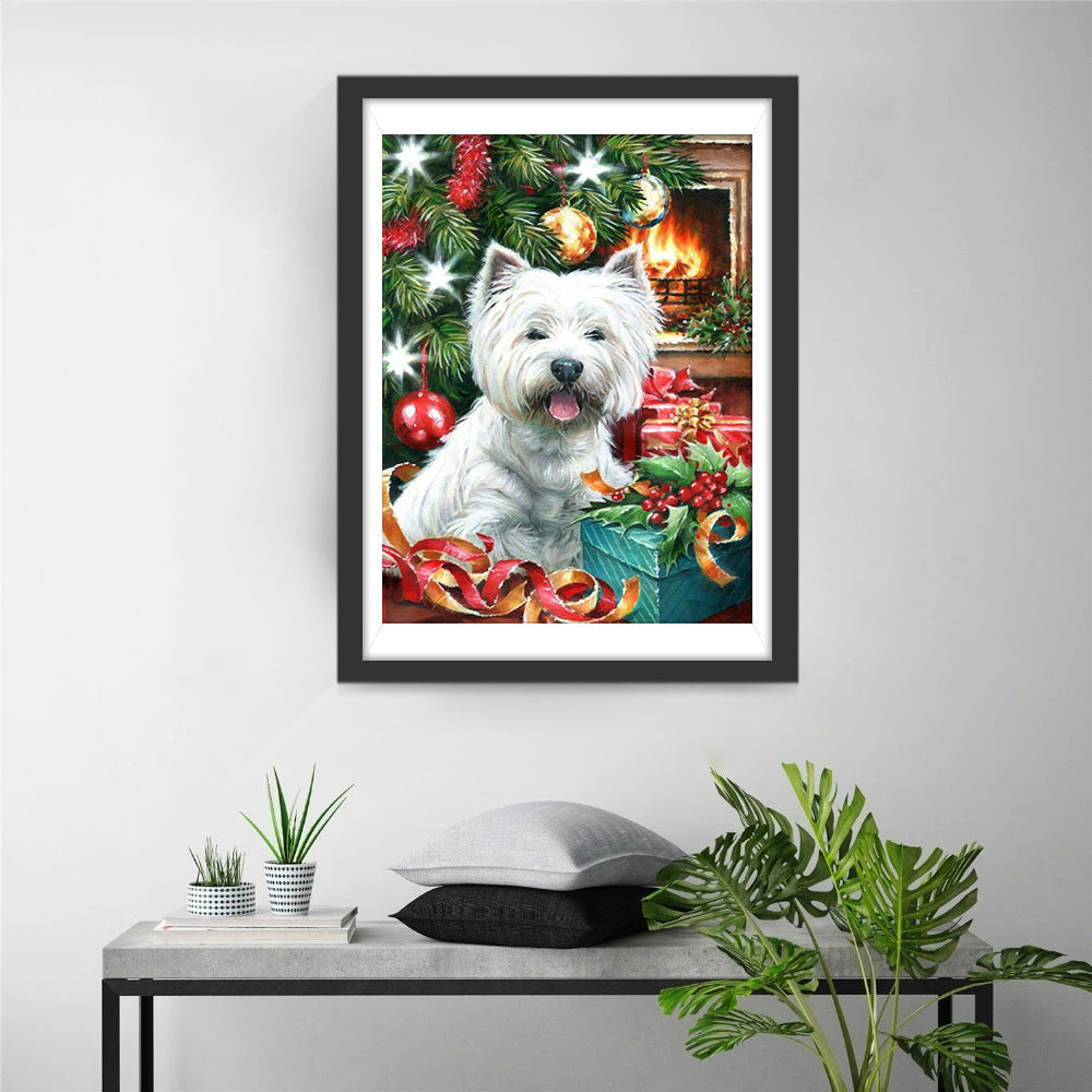 Een Dromerig Kerstbeeld met het Witte Hondje Diamond Painting