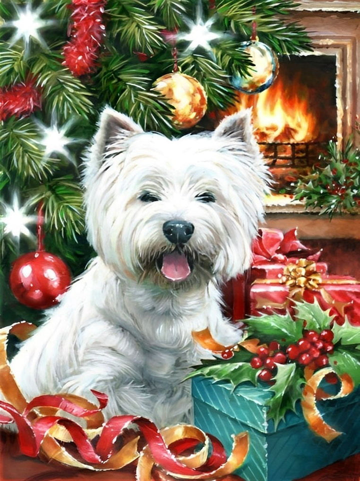 Een Dromerig Kerstbeeld met het Witte Hondje Diamond Painting