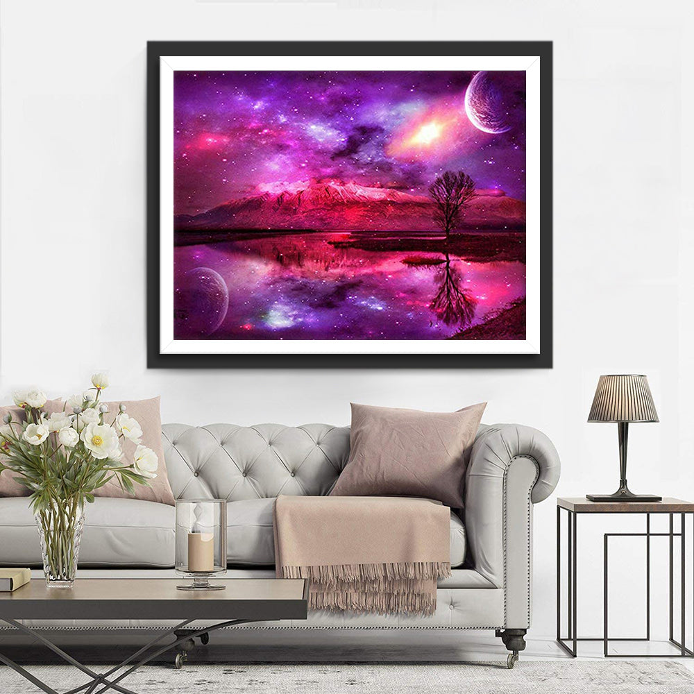 Een Dromerige Purper-Roze Kosmische Wereld met Spiegeling Diamond Painting