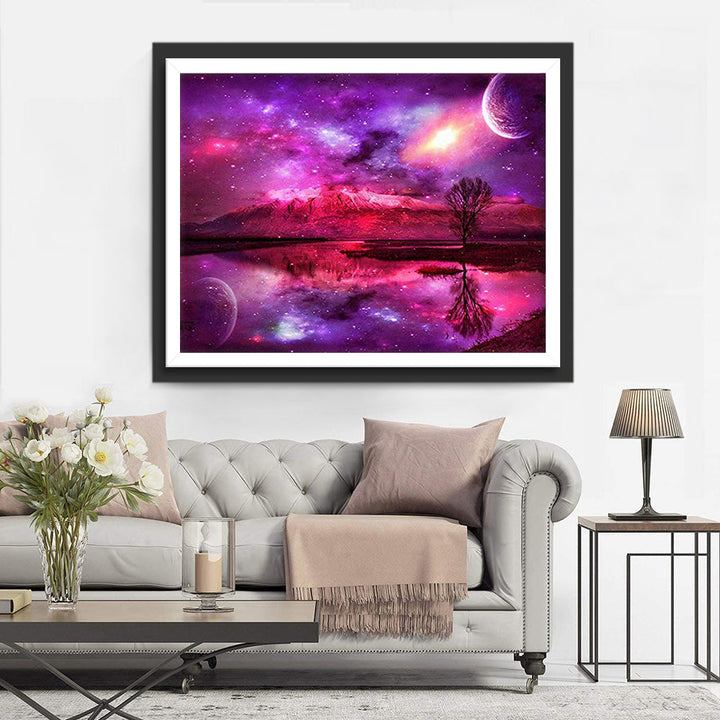 Een Dromerige Purper-Roze Kosmische Wereld met Spiegeling Diamond Painting