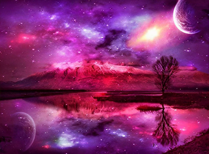 Een Dromerige Purper-Roze Kosmische Wereld met Spiegeling Diamond Painting