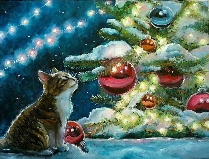 Een Gevlekte Kat die met Kerstballen Speelt Diamond Painting