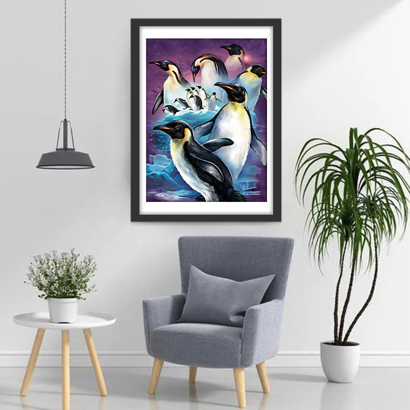 Een Groep Pinguïns onder een Roze Hemel Diamond Painting