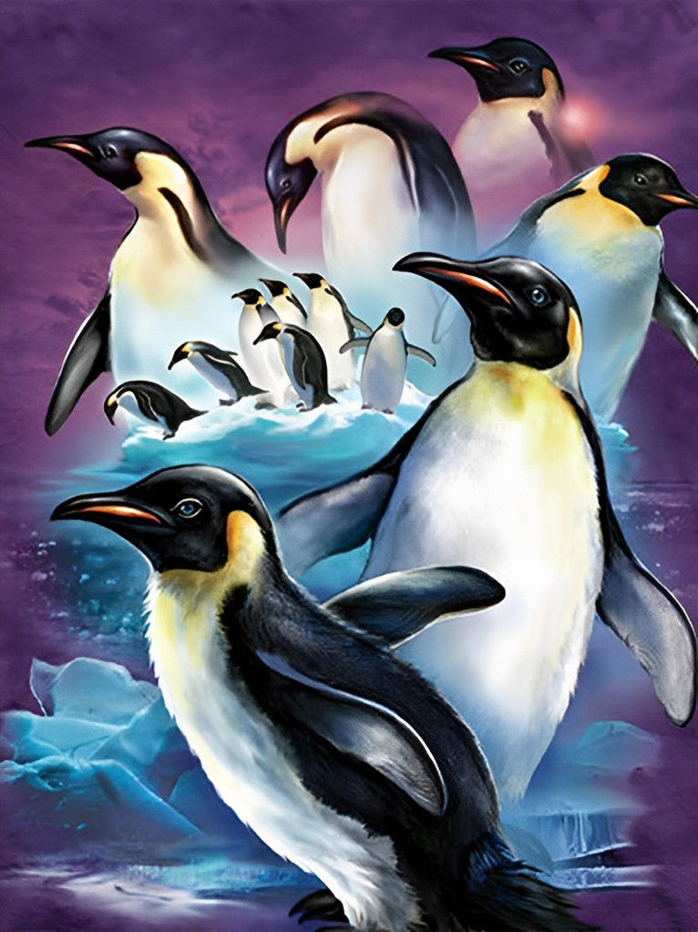 Een Groep Pinguïns onder een Roze Hemel Diamond Painting