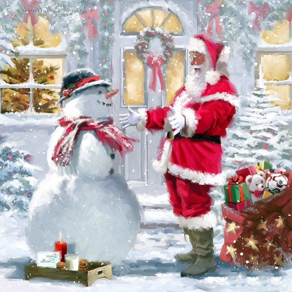 Een Hartelijke Ontmoeting tussen de Kerstman en de Sneeuwman Diamond Painting