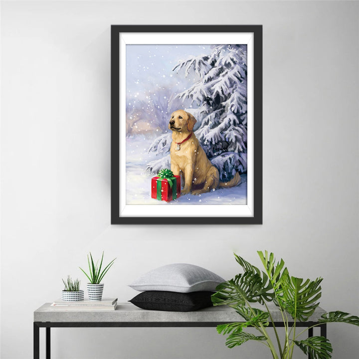 Een Hond die naast Cadeaus Gehurkt Zit Diamond Painting