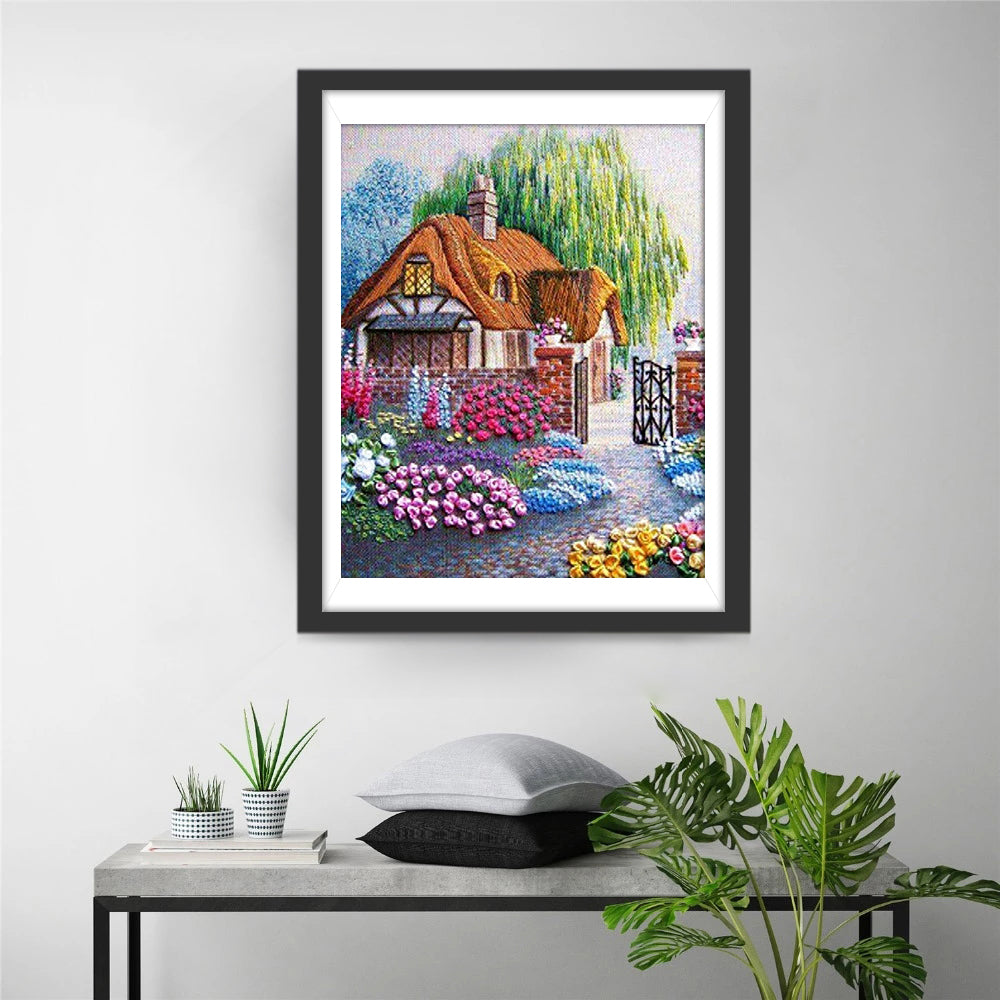 Een Huis Begraven in Bloemen Diamond Painting