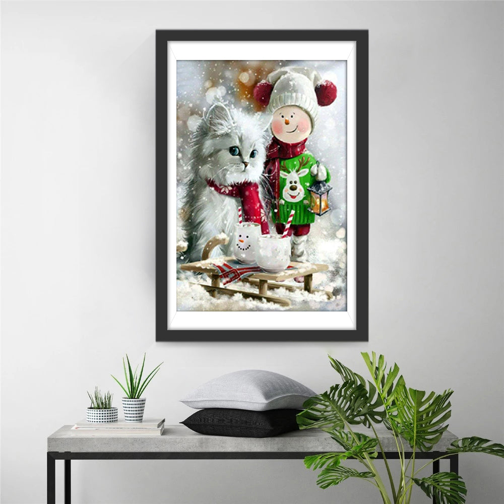 Een Kat met Kerstaccessoires en een Cartoonpersonage Diamond Painting