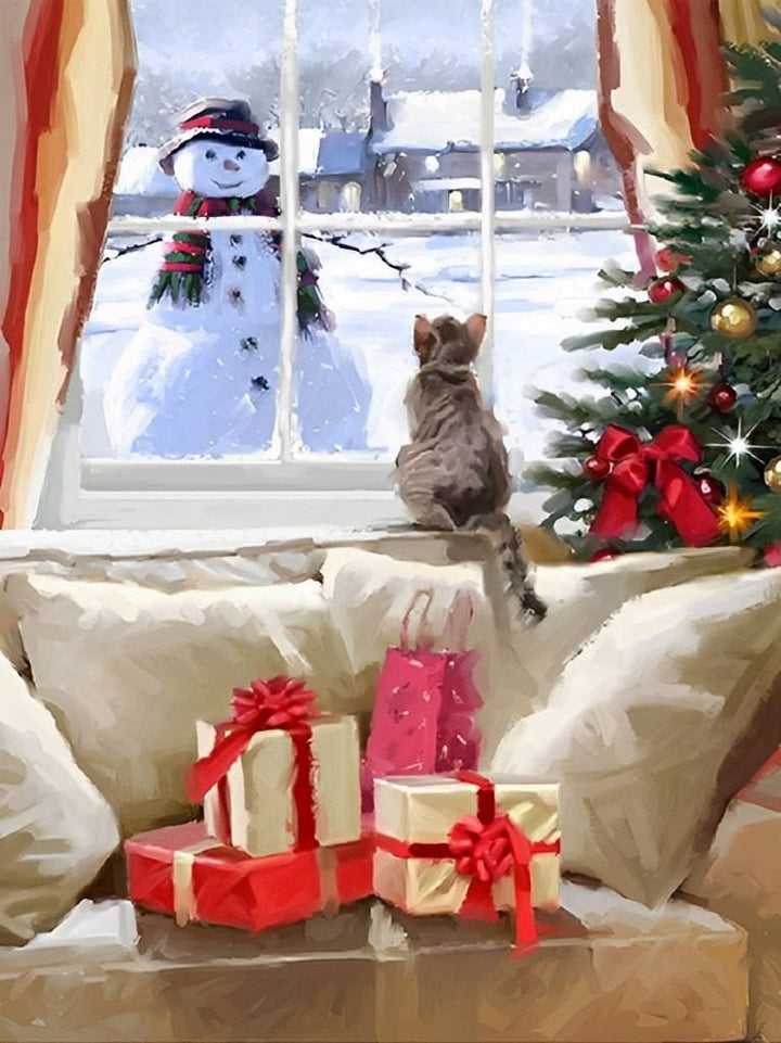 Een Katje en een Sneeuwpop Gescheiden door een Raam Diamond Painting