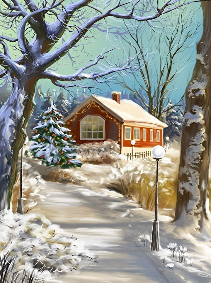 Een Kil Huis na de Sneeuw Diamond Painting