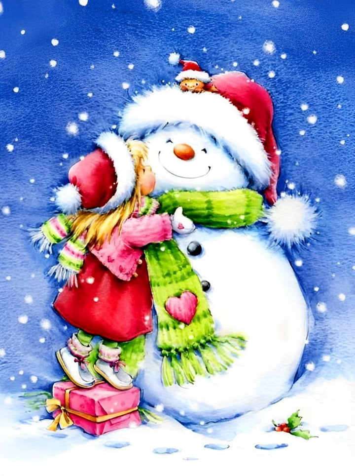 Een Klein Meisje dat een Sneeuwpop Omhelst Diamond Painting