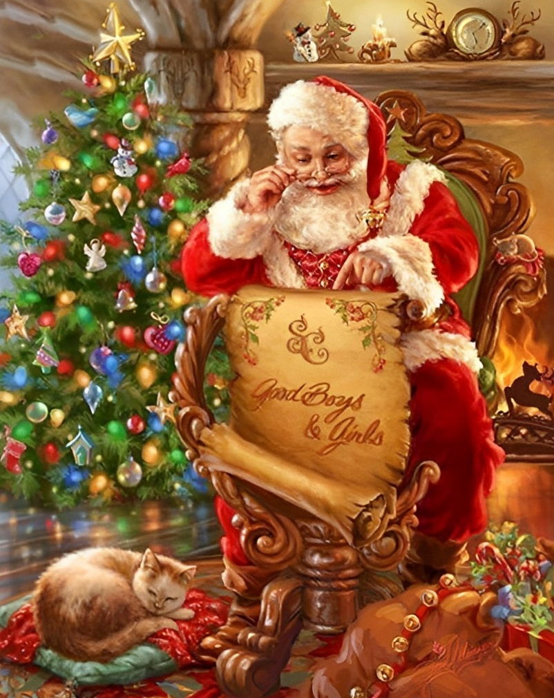 Een Rustig Slapende Poes bij Santa's Kerstlijst-studie Diamond Painting