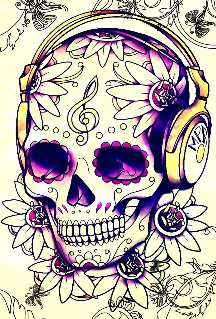 Een Speels Schedelgebeente met Hoofdtelefoon en Bloemen Diamond Painting