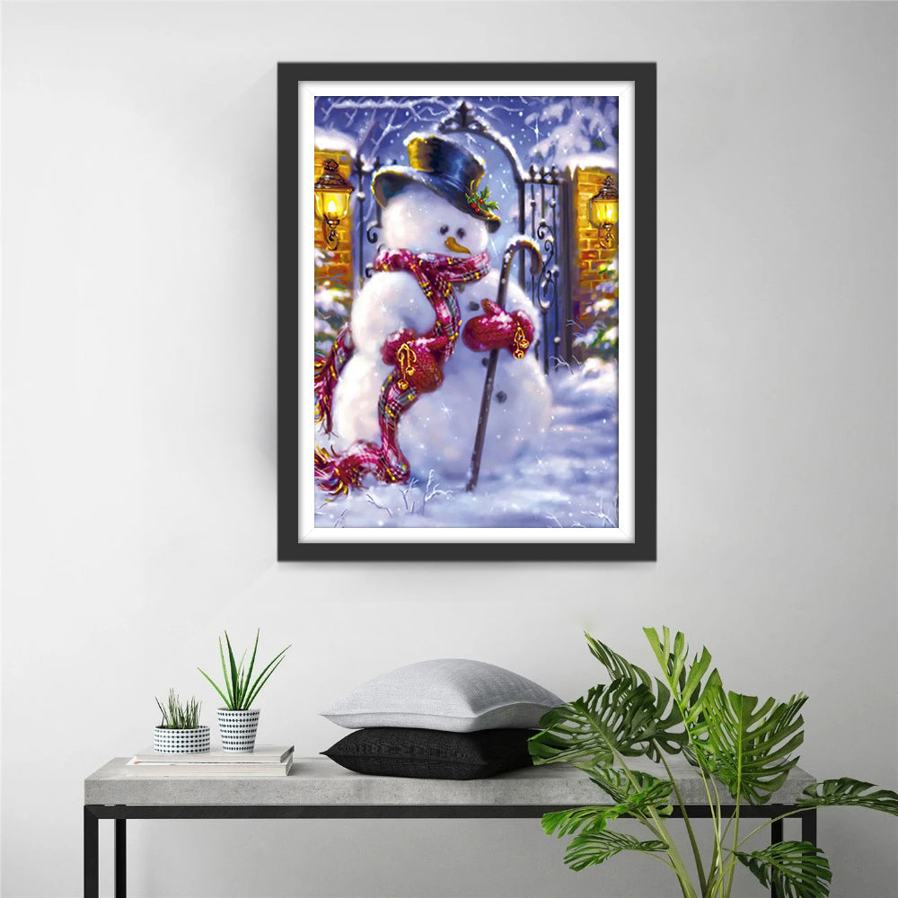 Een Stijlvolle Sneeuwman in Kerstoutfit Diamond Painting