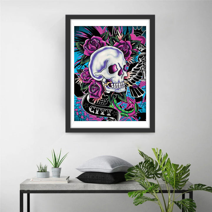 Een Stoer Schedelgebeente met Rozen en Vogel Diamond Painting