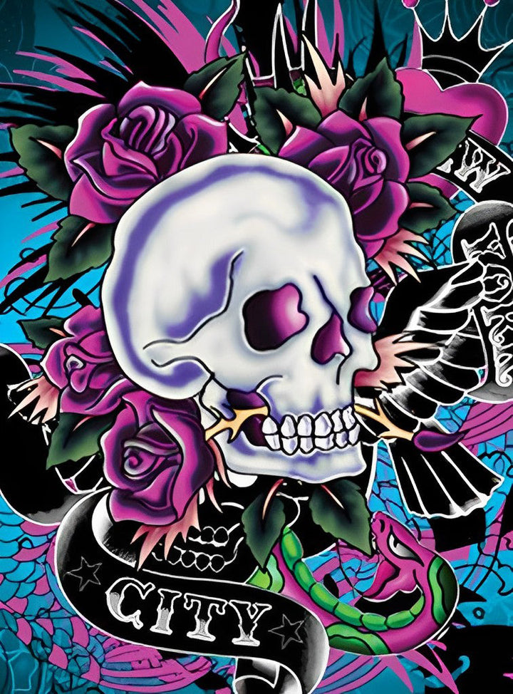 Een Stoer Schedelgebeente met Rozen en Vogel Diamond Painting