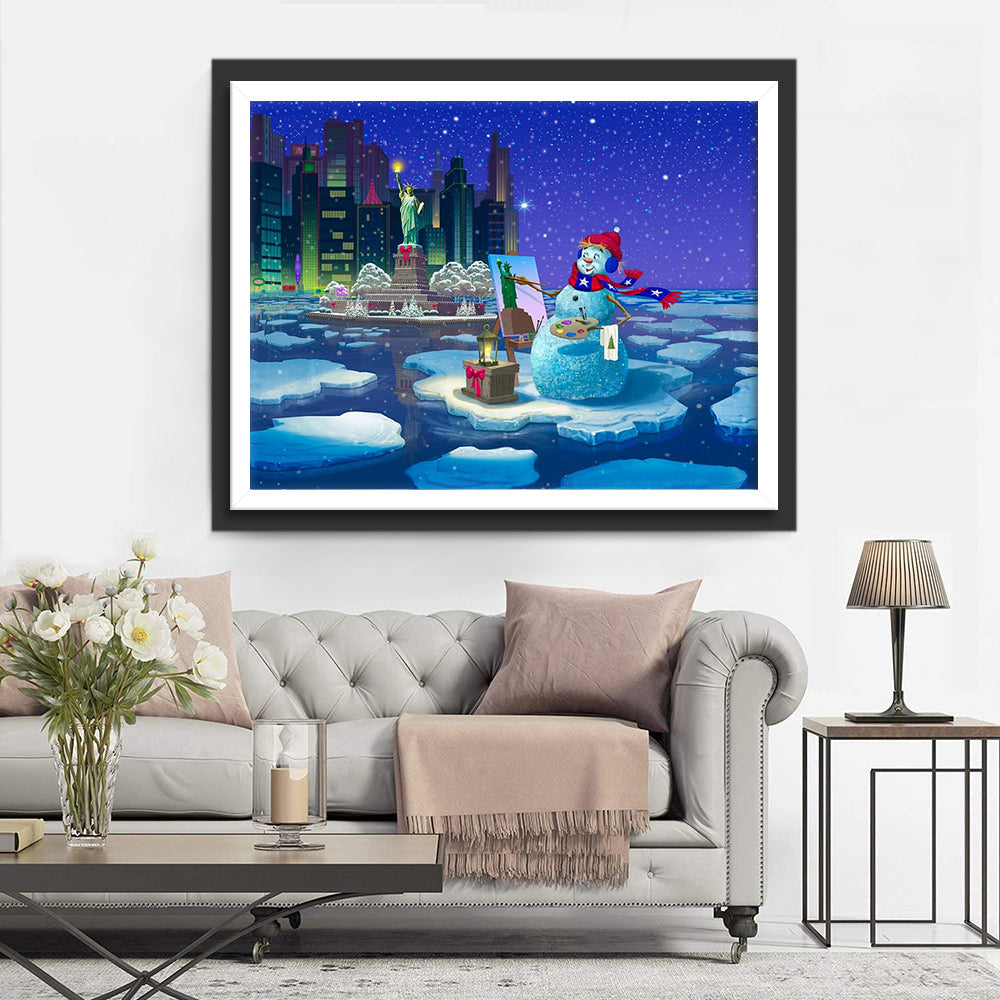 Een Vrolijke Sneeuwpop tegen de Achtergrond van de Winterse Stad Diamond Painting