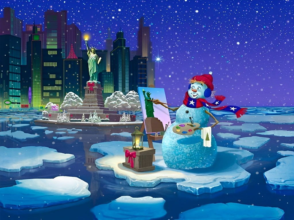 Een Vrolijke Sneeuwpop tegen de Achtergrond van de Winterse Stad Diamond Painting