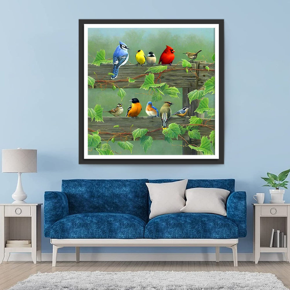 Een Zwerm Vogels op een Hek Diamond Painting